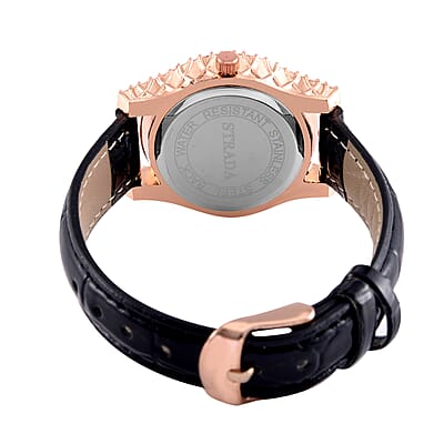 Strada Austrian Crystal Japanese Movement Watch in Rosetone with Black Faux Leather Strap (31.24 mm) (6.5-7.5 Inches)