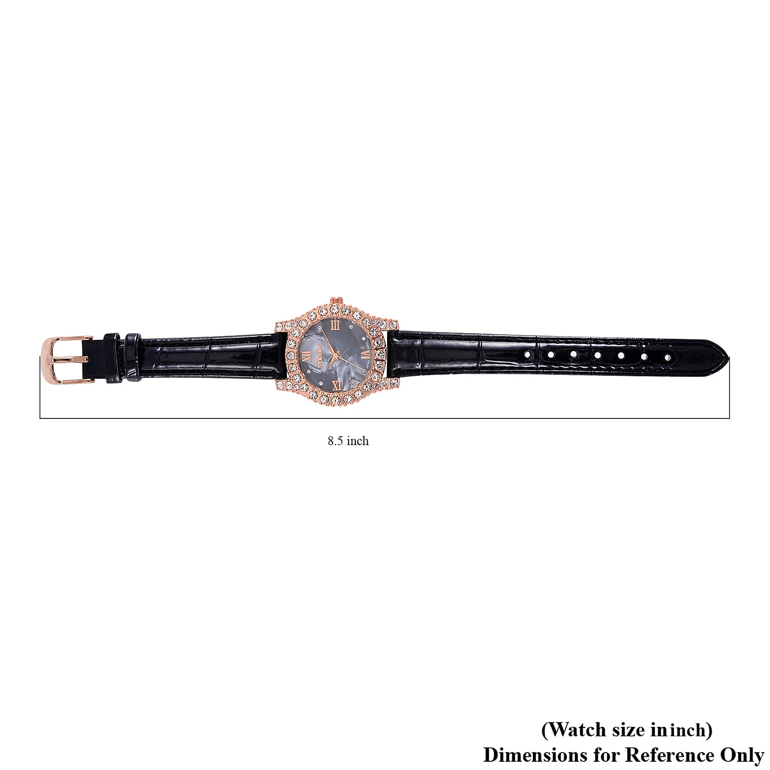 Strada Austrian Crystal Japanese Movement Watch in Rosetone with Black Faux Leather Strap (31.24 mm) (6.5-7.5 Inches)