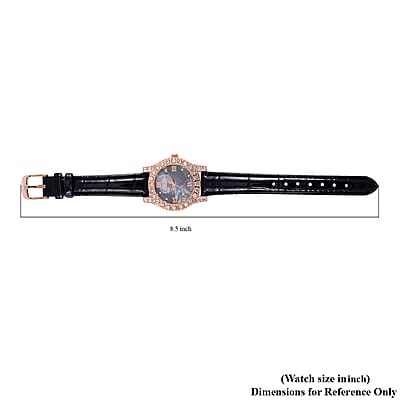 Strada Austrian Crystal Japanese Movement Watch in Rosetone with Black Faux Leather Strap (31.24 mm) (6.5-7.5 Inches)