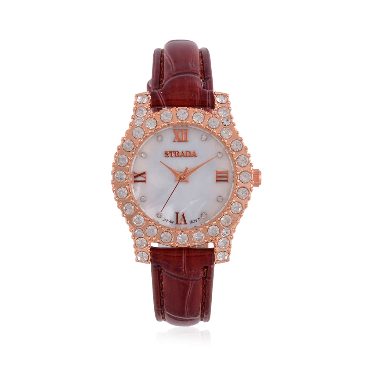 Strada Austrian Crystal Japanese Movement Watch in Rosetone with Brown Faux Leather Strap (31.24 mm) (6.5-7.5 Inches) image number 0