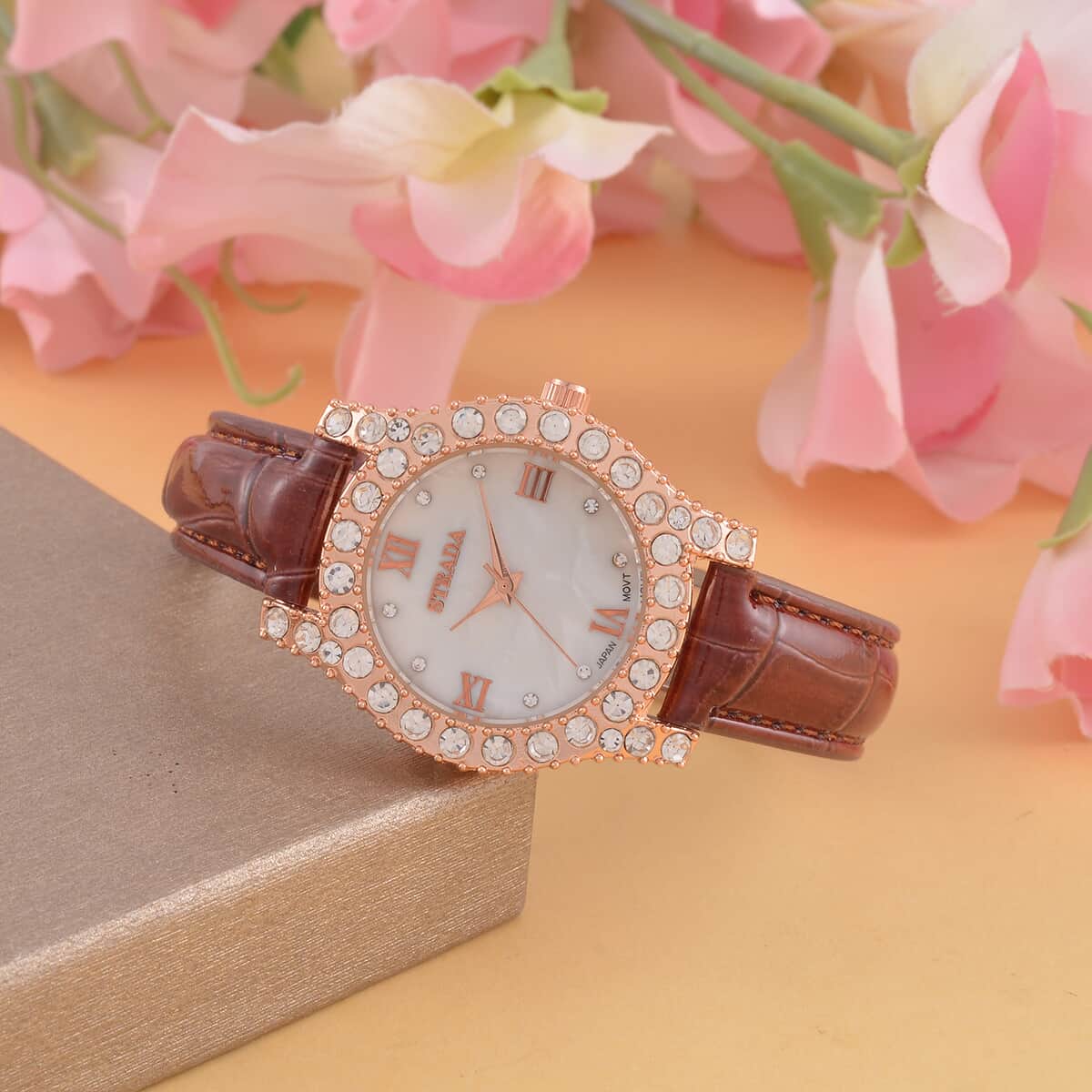 Strada Austrian Crystal Japanese Movement Watch in Rosetone with Brown Faux Leather Strap (31.24 mm) (6.5-7.5 Inches) image number 1