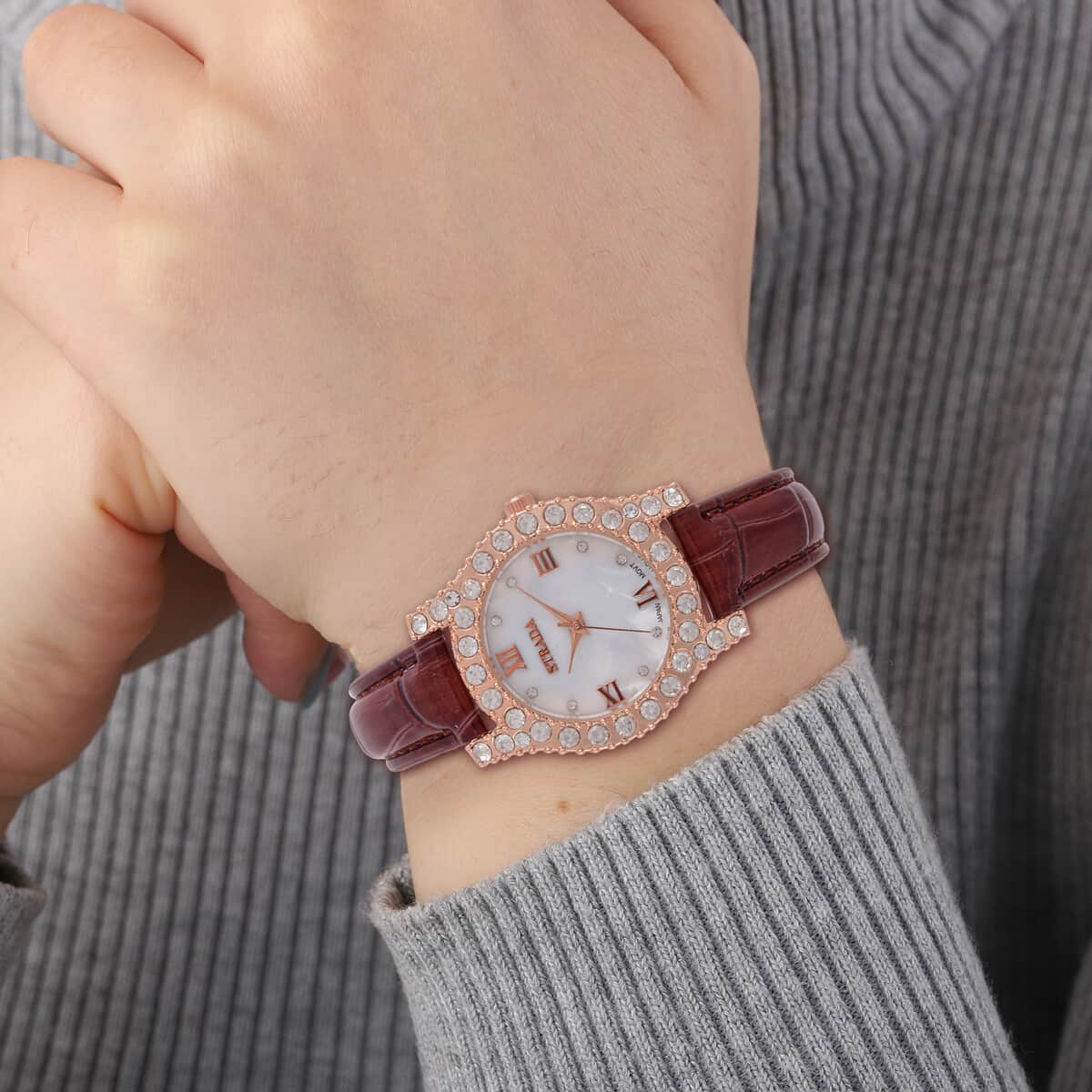 Strada Austrian Crystal Japanese Movement Watch in Rosetone with Brown Faux Leather Strap (31.24 mm) (6.5-7.5 Inches) image number 2