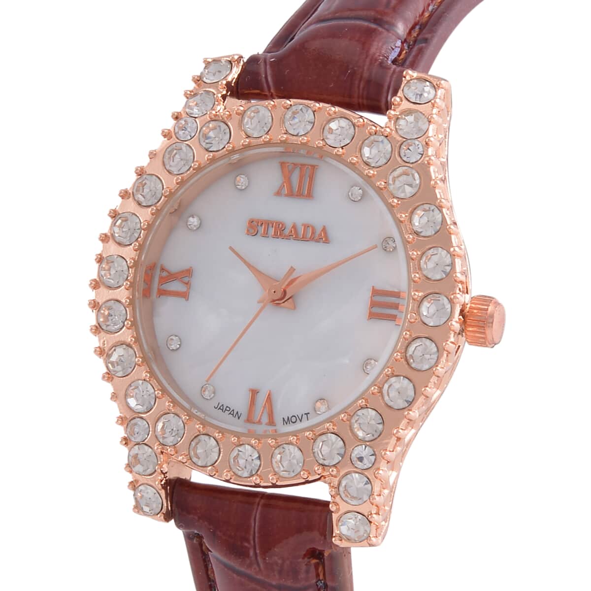 Strada Austrian Crystal Japanese Movement Watch in Rosetone with Brown Faux Leather Strap (31.24 mm) (6.5-7.5 Inches) image number 3