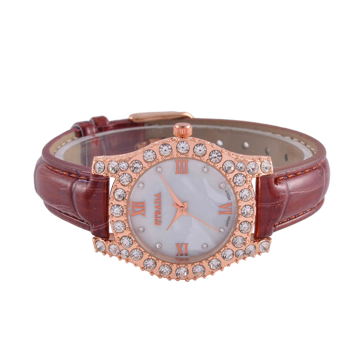 Strada Austrian Crystal Japanese Movement Watch in Rosetone with Brown Faux Leather Strap (31.24 mm) (6.5-7.5 Inches) image number 4