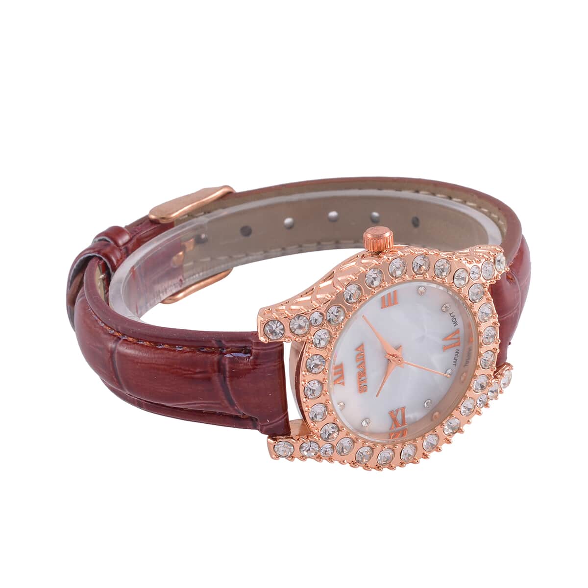 Strada Austrian Crystal Japanese Movement Watch in Rosetone with Brown Faux Leather Strap (31.24 mm) (6.5-7.5 Inches) image number 5