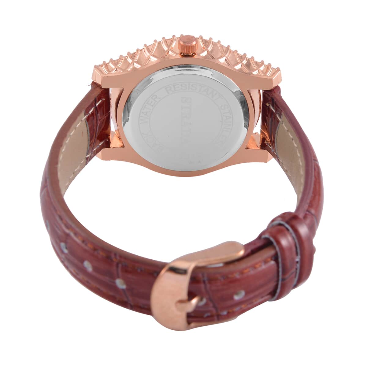 Strada Austrian Crystal Japanese Movement Watch in Rosetone with Brown Faux Leather Strap (31.24 mm) (6.5-7.5 Inches) image number 6