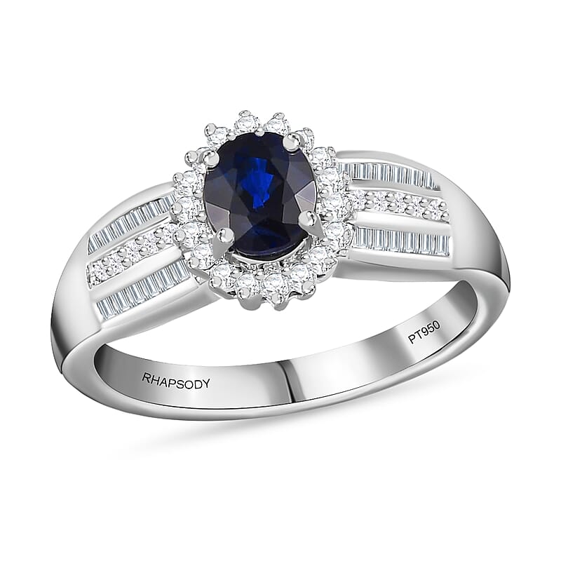Rhapsody 950 Platinum AAAA Tanzanian Color Change Sapphire and E-F VS Diamond Halo Ring (Size 6.0) 6.35 Grams 1.15 ctw with free UV Torch