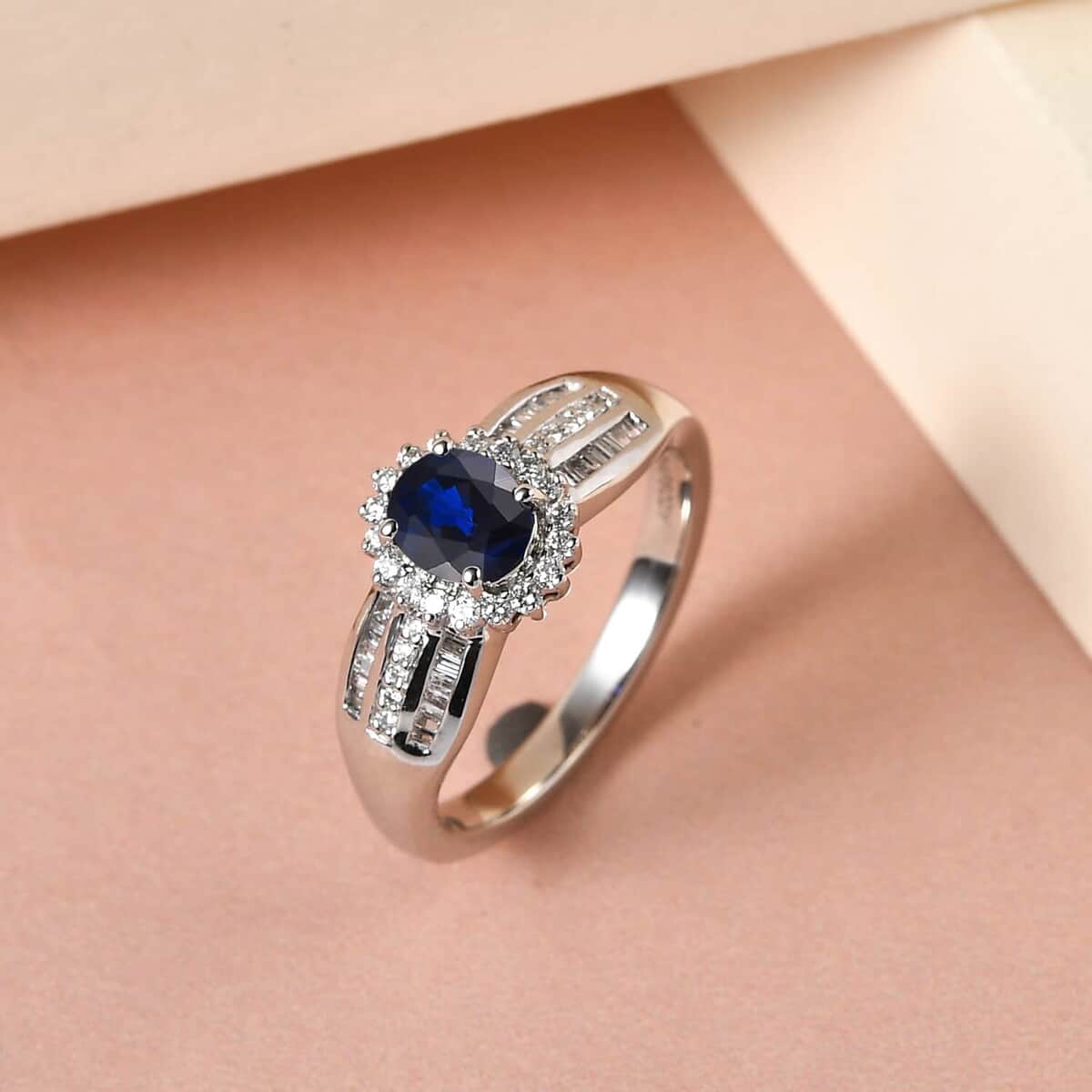 Rhapsody 950 Platinum AAAA Tanzanian Color Change Sapphire and E-F VS Diamond Halo Ring (Size 8.0) 6.35 Grams 1.15 ctw with free UV Flash Light image number 1