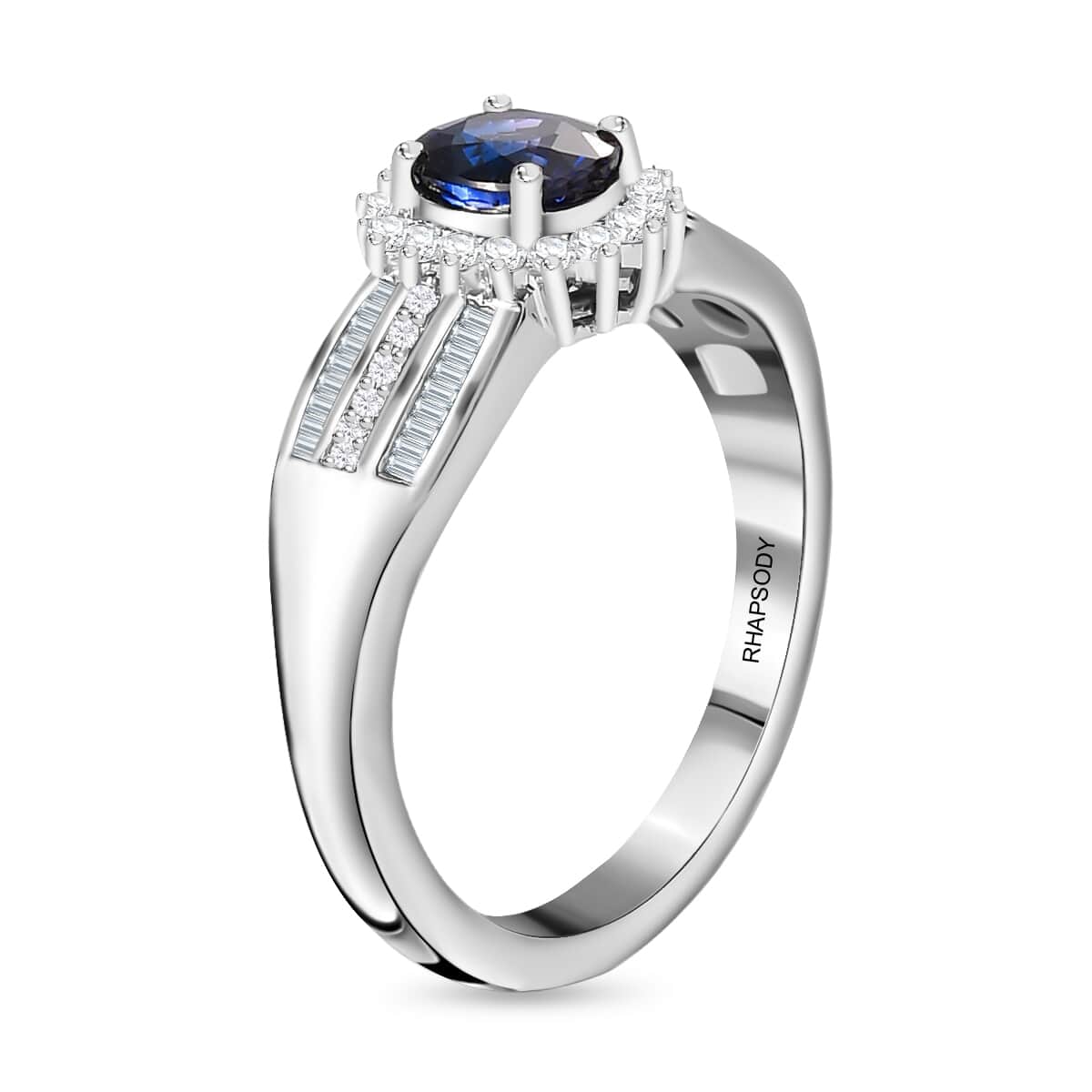 Rhapsody 950 Platinum AAAA Tanzanian Color Change Sapphire and E-F VS Diamond Halo Ring (Size 8.0) 6.35 Grams 1.15 ctw with free UV Flash Light image number 3