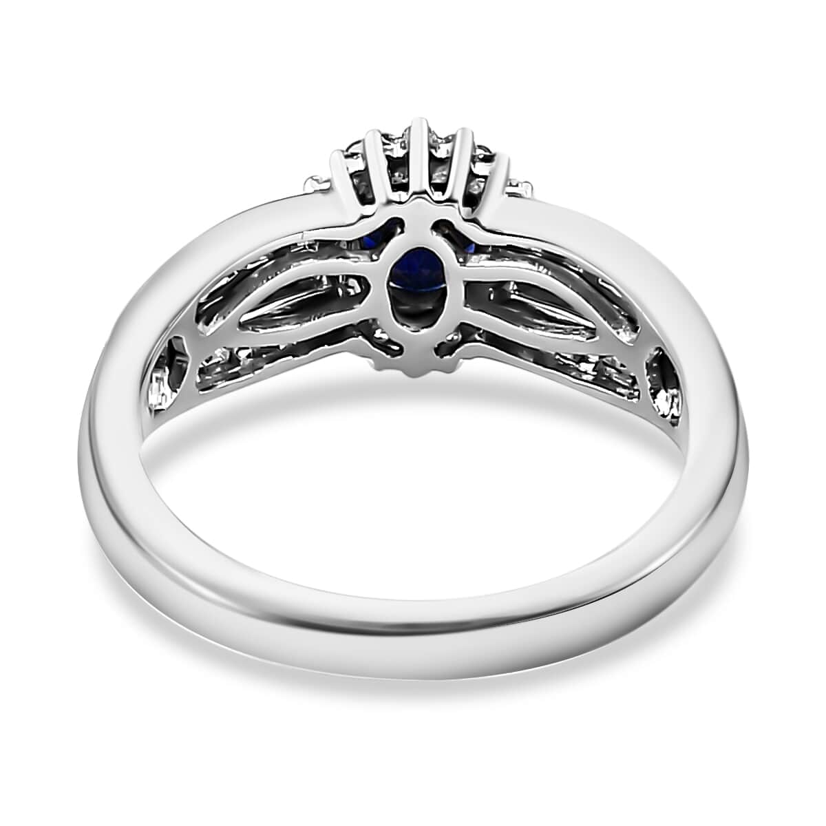 Rhapsody 950 Platinum AAAA Tanzanian Color Change Sapphire and E-F VS Diamond Halo Ring (Size 8.0) 6.35 Grams 1.15 ctw with free UV Flash Light image number 4