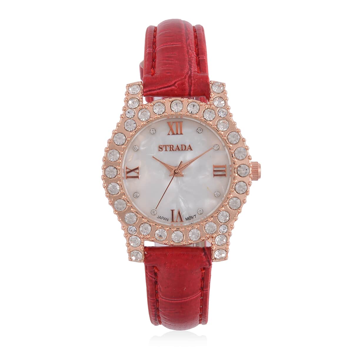 Strada Austrian Crystal Japanese Movement Watch in Rosetone with Red Faux Leather Strap (31.24 mm) (6.5-7.5 Inches) image number 0