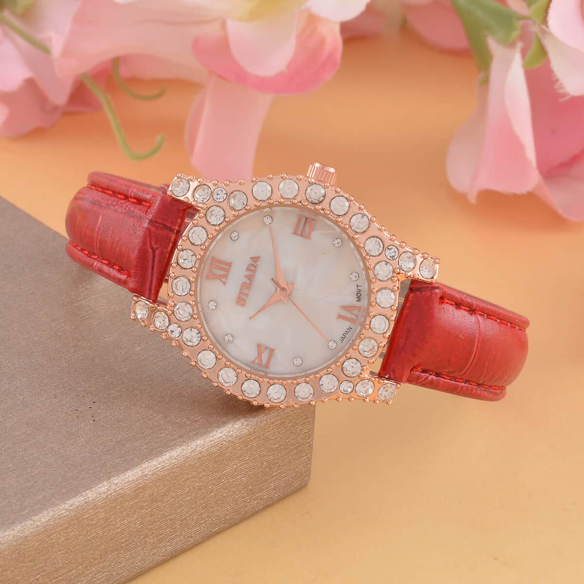 Strada Austrian Crystal Japanese Movement Watch in Rosetone with Red Faux Leather Strap (31.24 mm) (6.5-7.5 Inches) image number 1