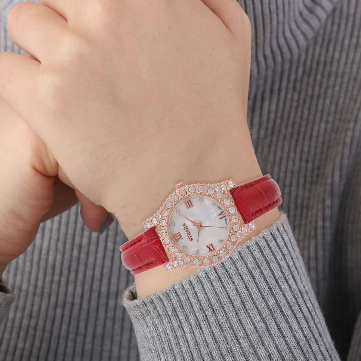 Strada Austrian Crystal Japanese Movement Watch in Rosetone with Red Faux Leather Strap (31.24 mm) (6.5-7.5 Inches) image number 2