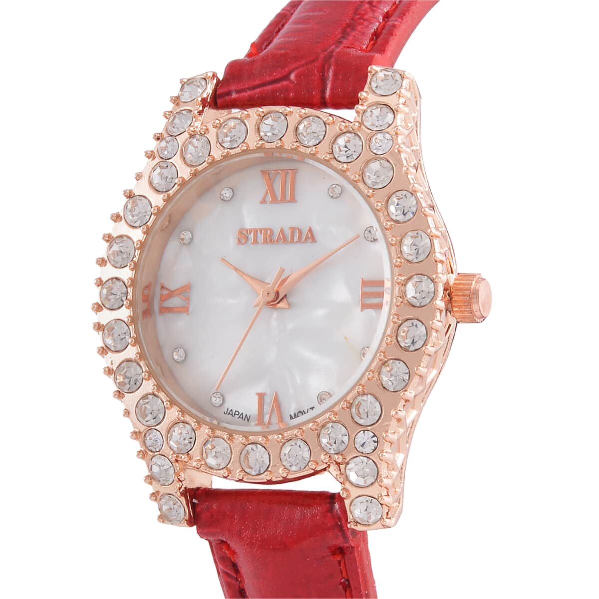 Strada Austrian Crystal Japanese Movement Watch in Rosetone with Red Faux Leather Strap (31.24 mm) (6.5-7.5 Inches) image number 3