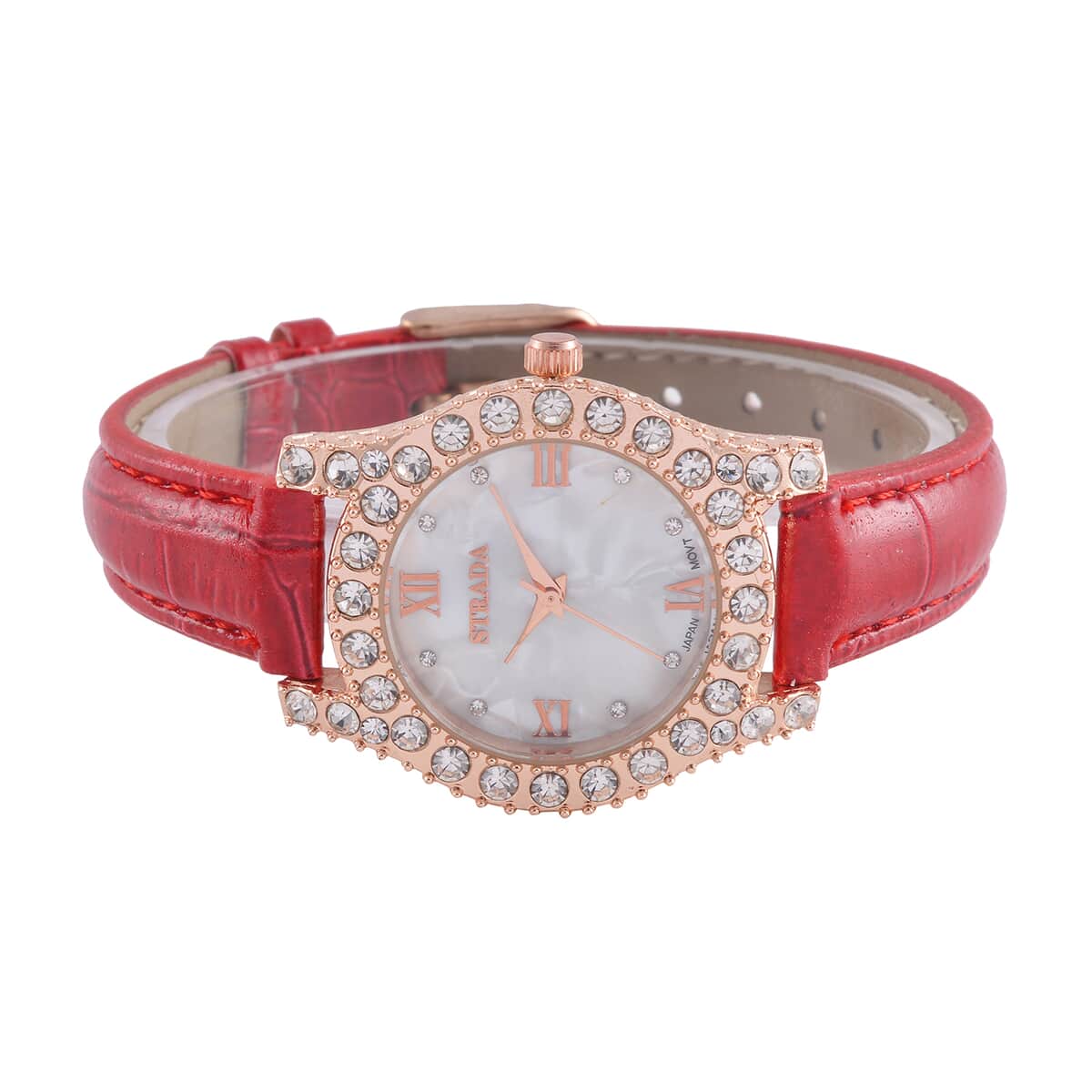 Strada Austrian Crystal Japanese Movement Watch in Rosetone with Red Faux Leather Strap (31.24 mm) (6.5-7.5 Inches) image number 4