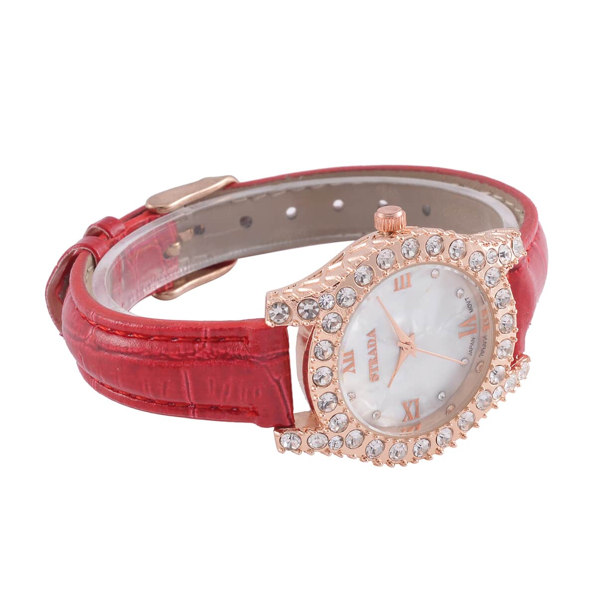 Strada Austrian Crystal Japanese Movement Watch in Rosetone with Red Faux Leather Strap (31.24 mm) (6.5-7.5 Inches) image number 5