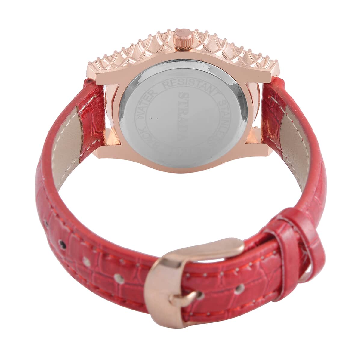 Strada Austrian Crystal Japanese Movement Watch in Rosetone with Red Faux Leather Strap (31.24 mm) (6.5-7.5 Inches) image number 6