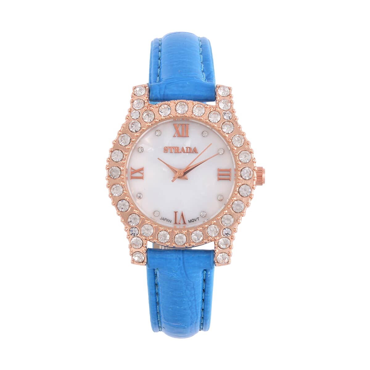 Strada Austrian Crystal Japanese Movement Watch in Rosetone with Blue Faux Leather Strap (31.24 mm) (6.5-7.5 Inches) image number 0