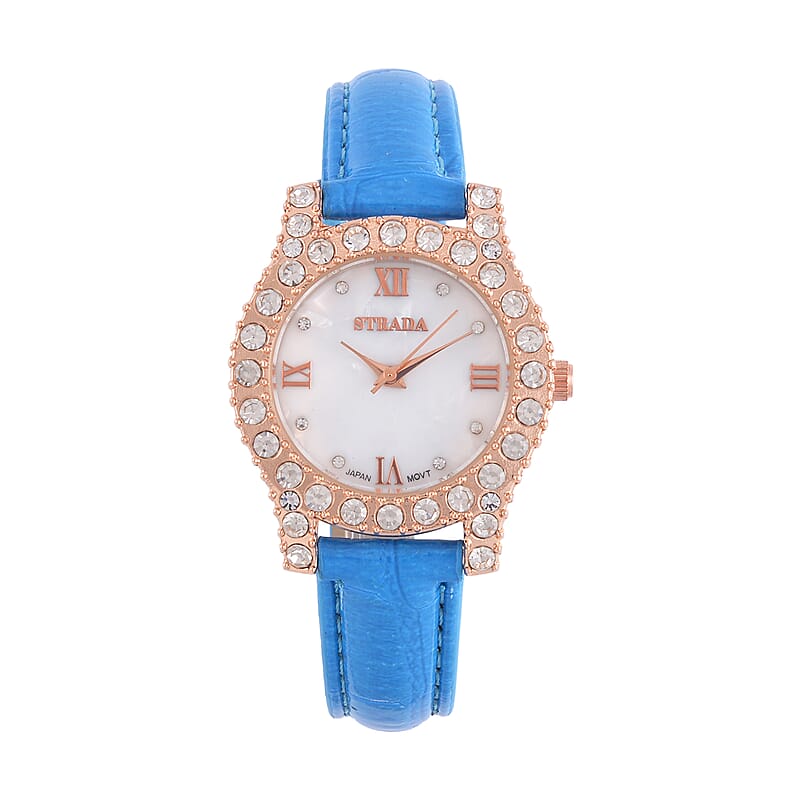 Strada Austrian Crystal Japanese Movement Watch in Rosetone with Blue Faux Leather Strap (31.24 mm) (6.5-7.5 Inches)