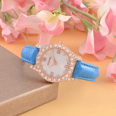 Strada Austrian Crystal Japanese Movement Watch in Rosetone with Blue Faux Leather Strap (31.24 mm) (6.5-7.5 Inches)