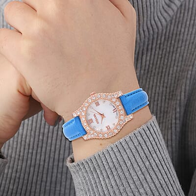 Strada Austrian Crystal Japanese Movement Watch in Rosetone with Blue Faux Leather Strap (31.24 mm) (6.5-7.5 Inches)