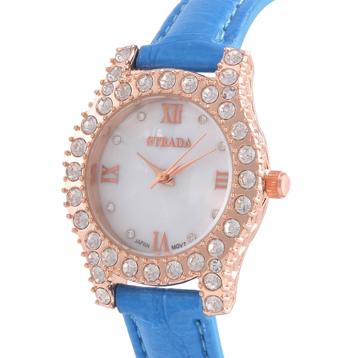 Strada Austrian Crystal Japanese Movement Watch in Rosetone with Blue Faux Leather Strap (31.24 mm) (6.5-7.5 Inches) image number 3