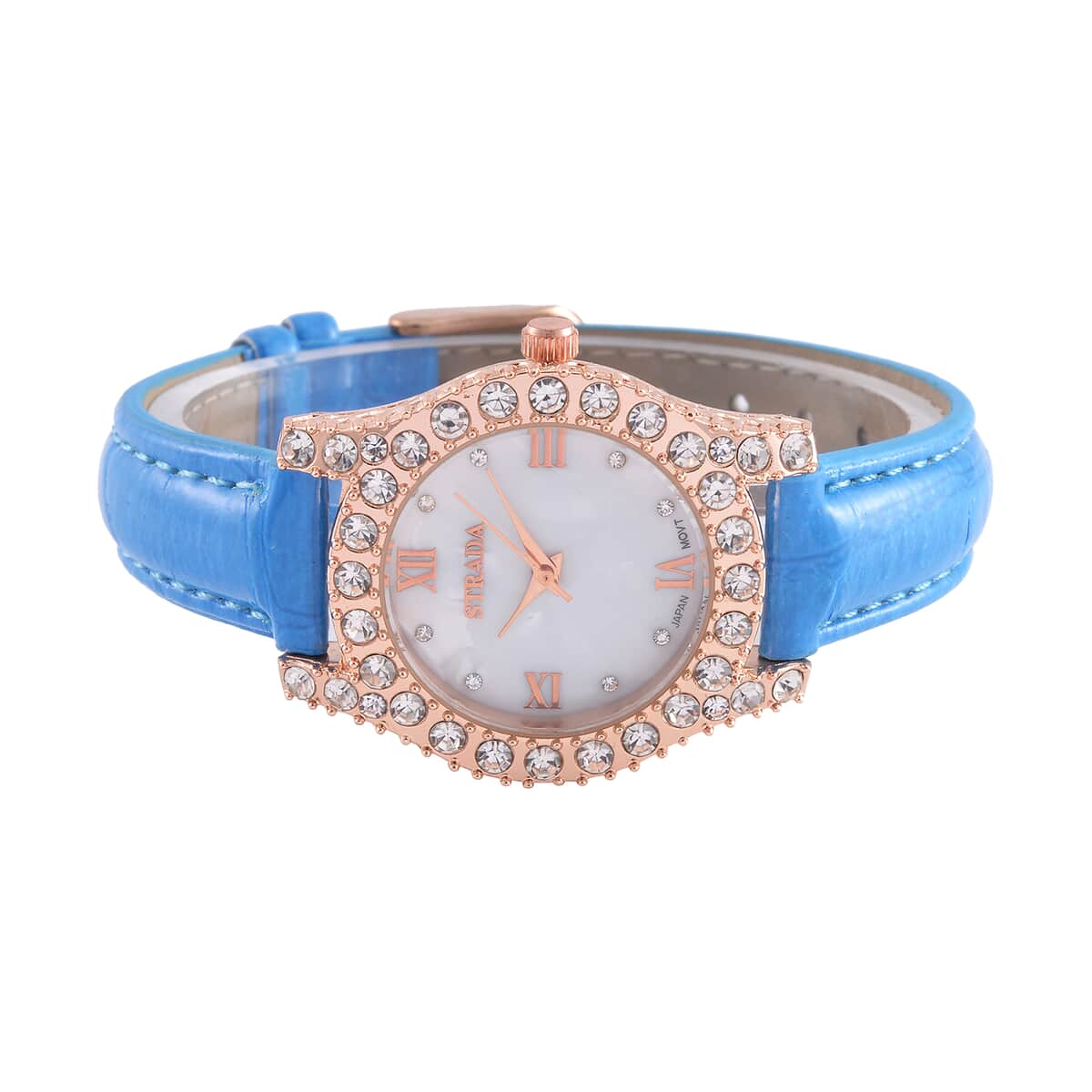 Strada Austrian Crystal Japanese Movement Watch in Rosetone with Blue Faux Leather Strap (31.24 mm) (6.5-7.5 Inches) image number 4