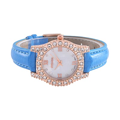 Strada Austrian Crystal Japanese Movement Watch in Rosetone with Blue Faux Leather Strap (31.24 mm) (6.5-7.5 Inches)