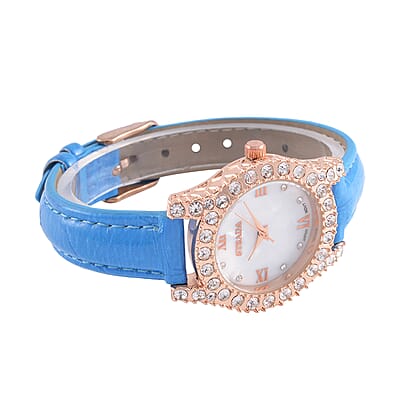 Strada Austrian Crystal Japanese Movement Watch in Rosetone with Blue Faux Leather Strap (31.24 mm) (6.5-7.5 Inches)