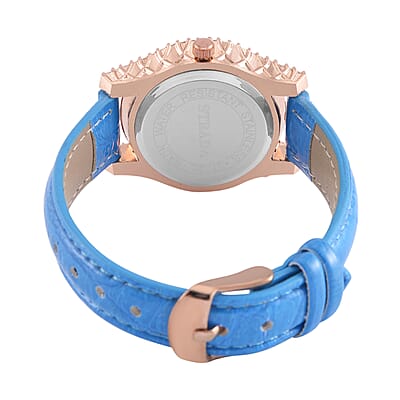 Strada Austrian Crystal Japanese Movement Watch in Rosetone with Blue Faux Leather Strap (31.24 mm) (6.5-7.5 Inches)