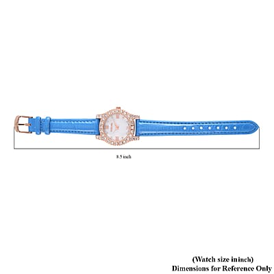 Strada Austrian Crystal Japanese Movement Watch in Rosetone with Blue Faux Leather Strap (31.24 mm) (6.5-7.5 Inches)