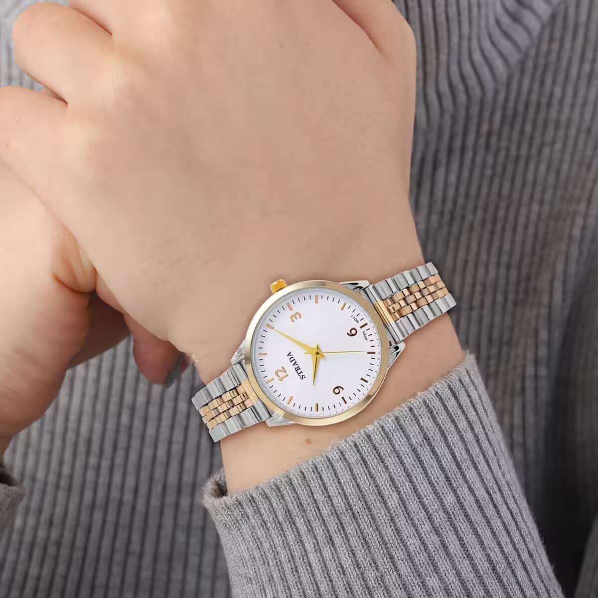 Strada Japanese Movement White Dial Watch in ION Plated YG and Stainless Steel (36mm) (6.50-7.50Inches) image number 7