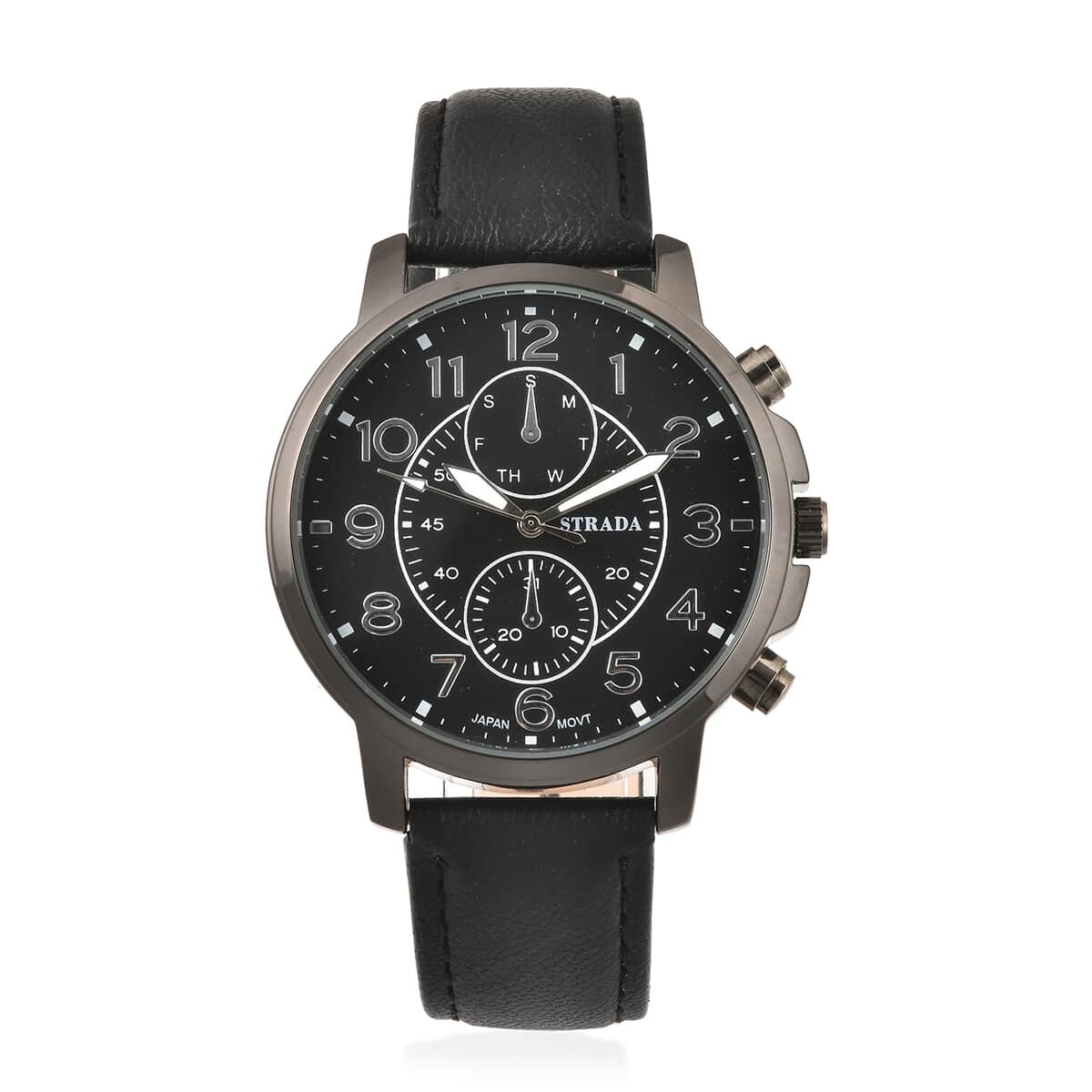 STRADA Japanese Movement Multifunction Button Watch with Black Faux Leather Strap image number 0