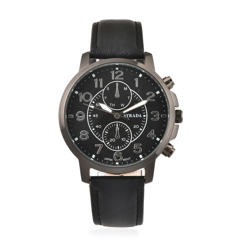 Strada Japanese Movement Multifunction Button Watch with Black Faux Leather Strap