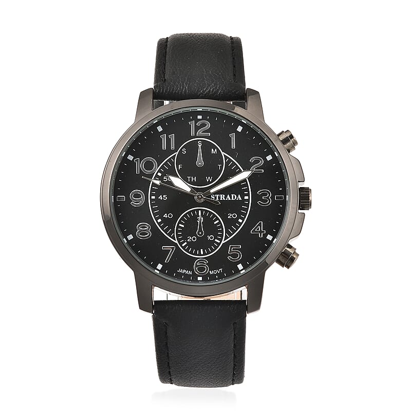Strada Japanese Movement Multifunction Button Watch with Black Faux Leather Strap
