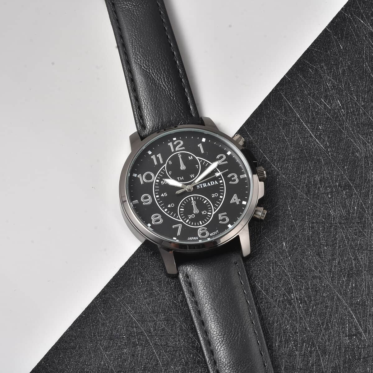 STRADA Japanese Movement Multifunction Button Watch with Black Faux Leather Strap image number 1