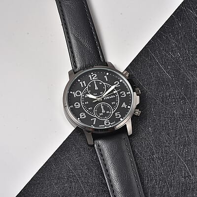 Strada Japanese Movement Multifunction Button Watch with Black Faux Leather Strap
