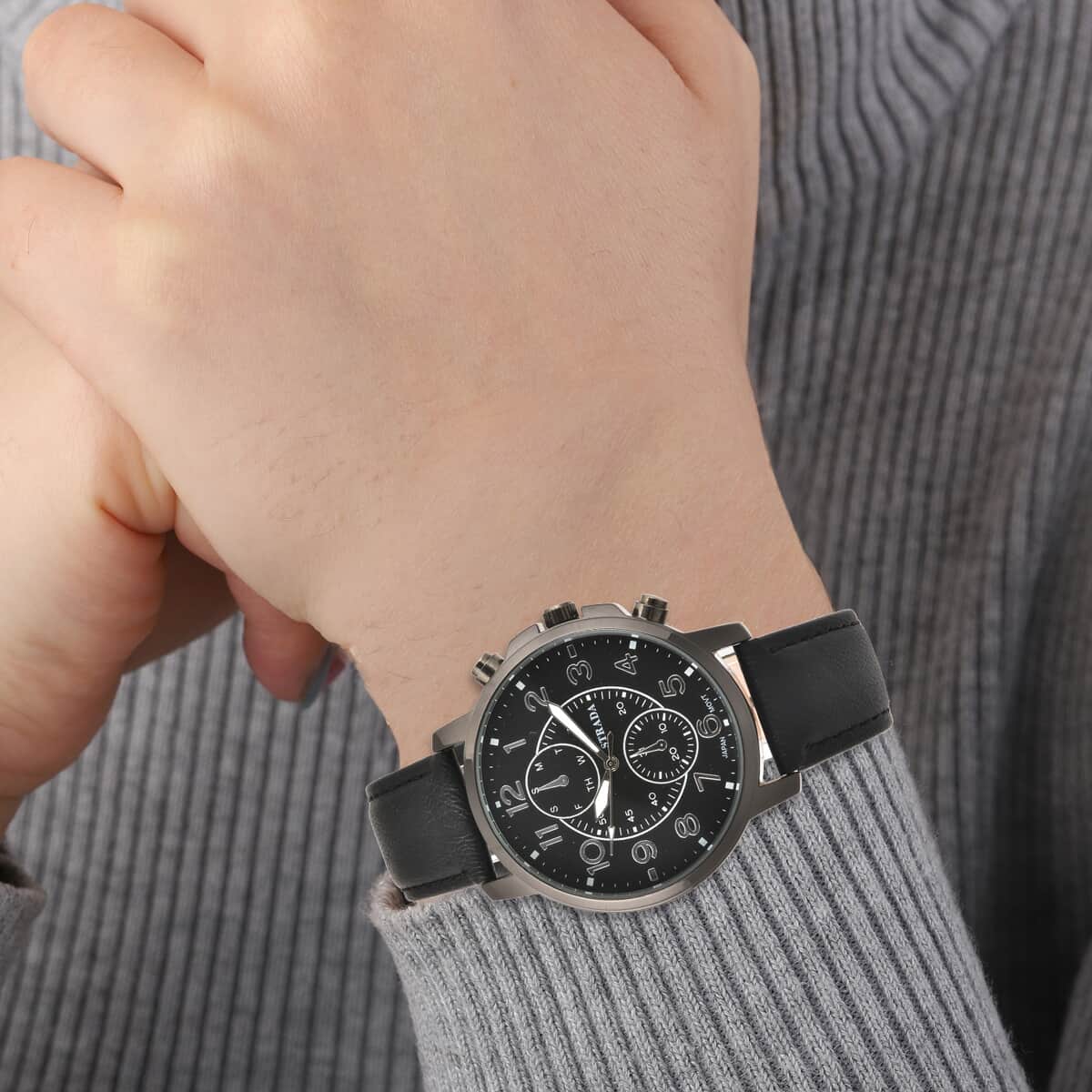 STRADA Japanese Movement Multifunction Button Watch with Black Faux Leather Strap image number 2