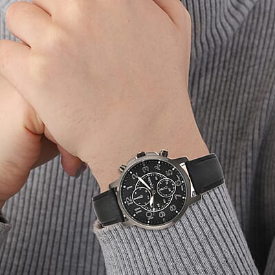 Strada Japanese Movement Multifunction Button Watch with Black Faux Leather Strap