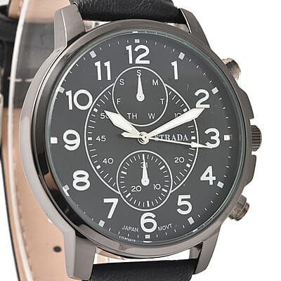Strada Japanese Movement Multifunction Button Watch with Black Faux Leather Strap