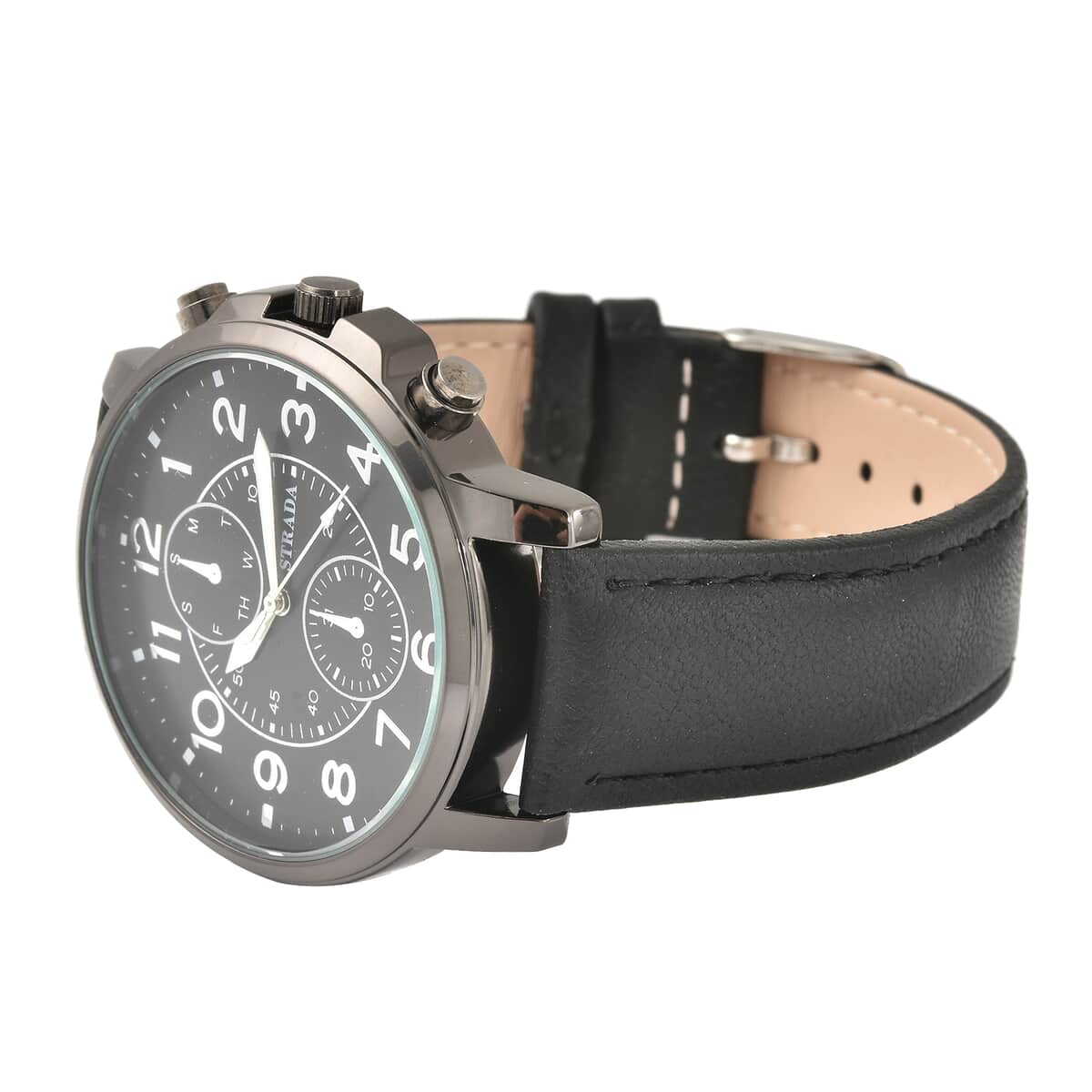 STRADA Japanese Movement Multifunction Button Watch with Black Faux Leather Strap image number 4