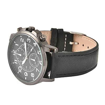 Strada Japanese Movement Multifunction Button Watch with Black Faux Leather Strap
