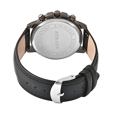 Strada Japanese Movement Multifunction Button Watch with Black Faux Leather Strap
