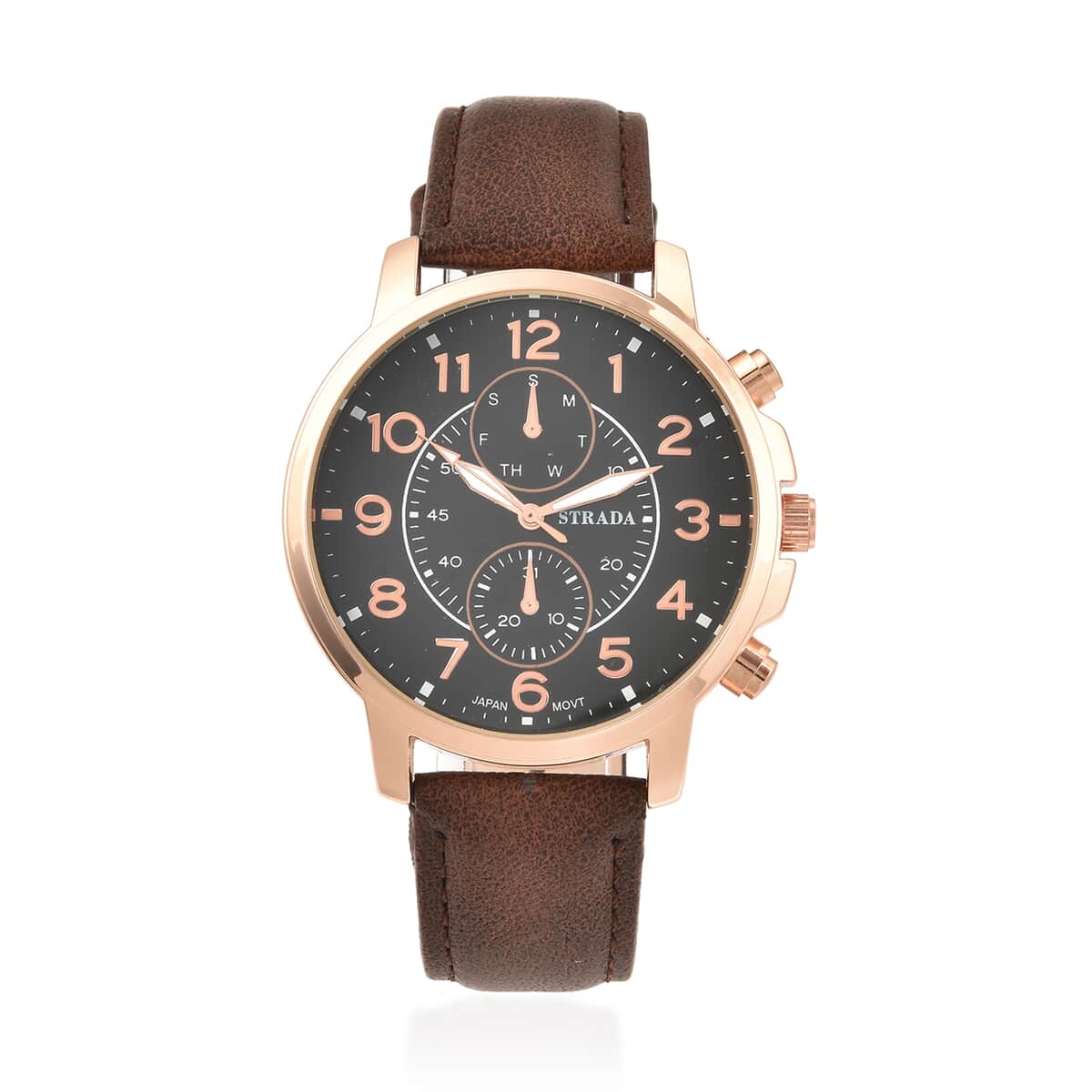 Strada Japanese Movement Multifunction Button Watch with Brown Faux Leather Strap image number 0