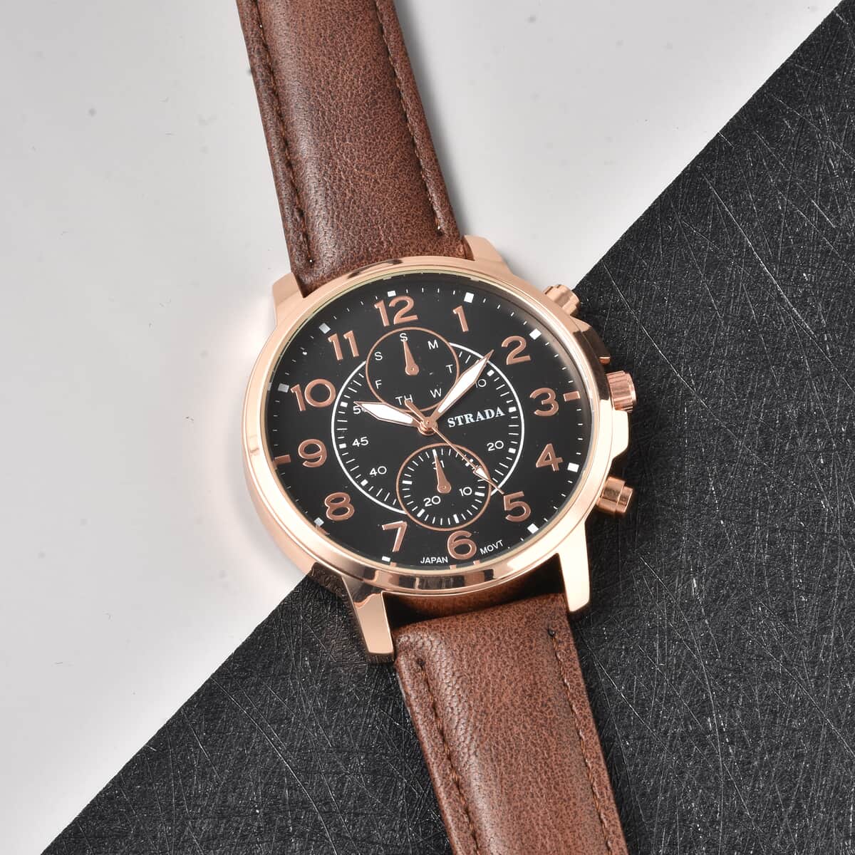 Strada Japanese Movement Multifunction Button Watch with Brown Faux Leather Strap image number 1