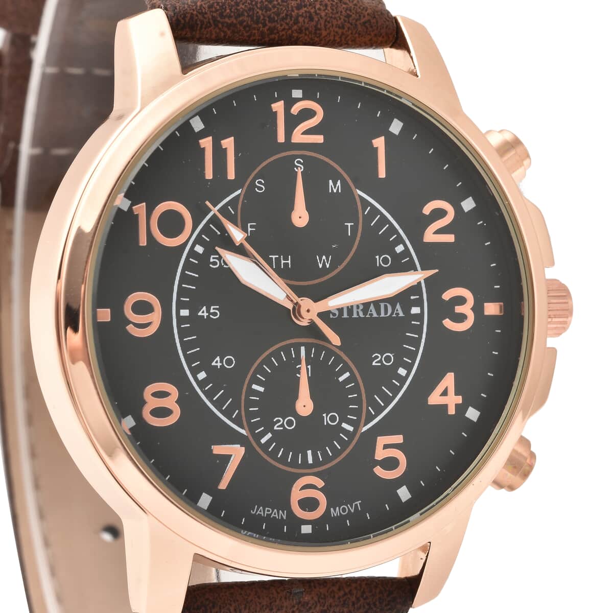 Strada Japanese Movement Multifunction Button Watch with Brown Faux Leather Strap image number 3