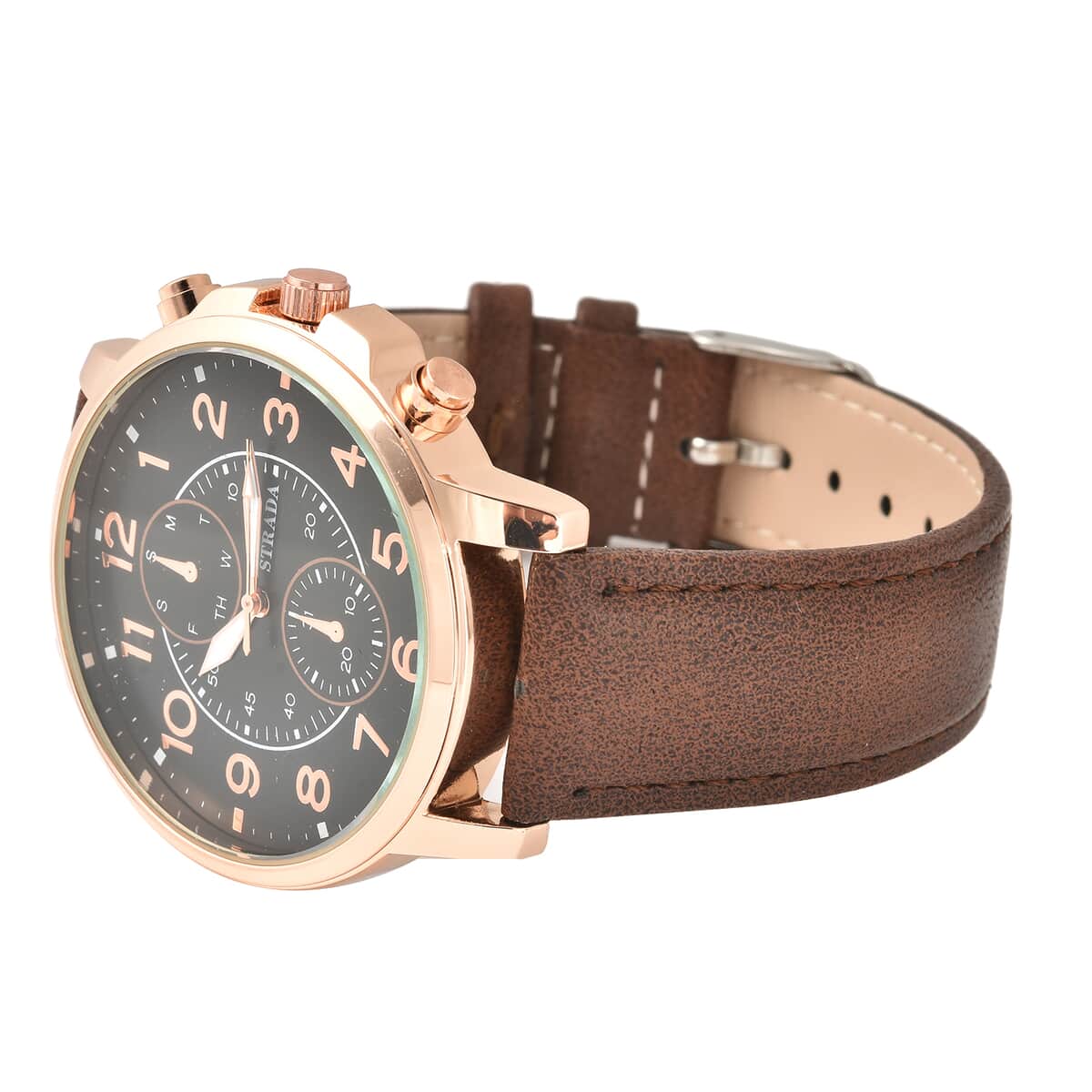 Strada Japanese Movement Multifunction Button Watch with Brown Faux Leather Strap image number 4