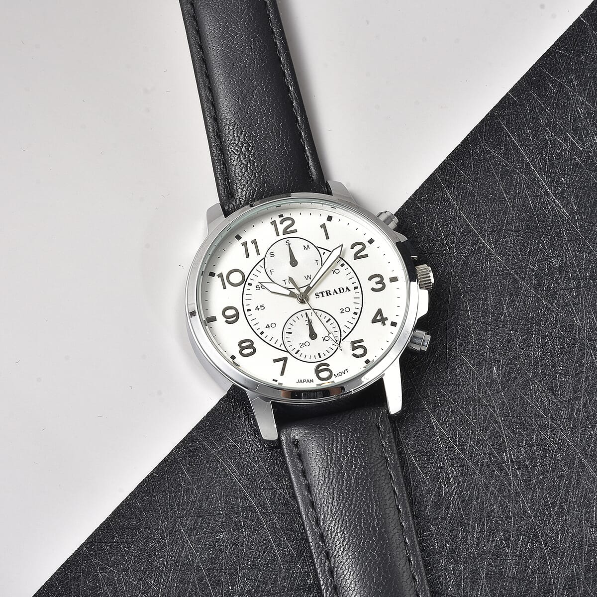 Strada Japanese Movement Multifunction Button Watch with Black Faux Leather Strap image number 1