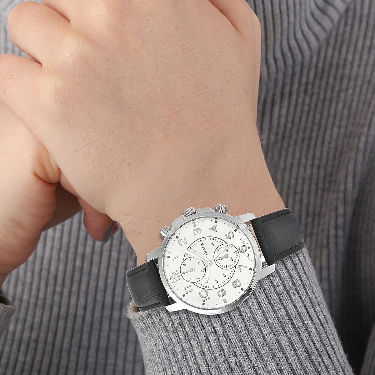 Strada Japanese Movement Multifunction Button Watch with Black Faux Leather Strap image number 2