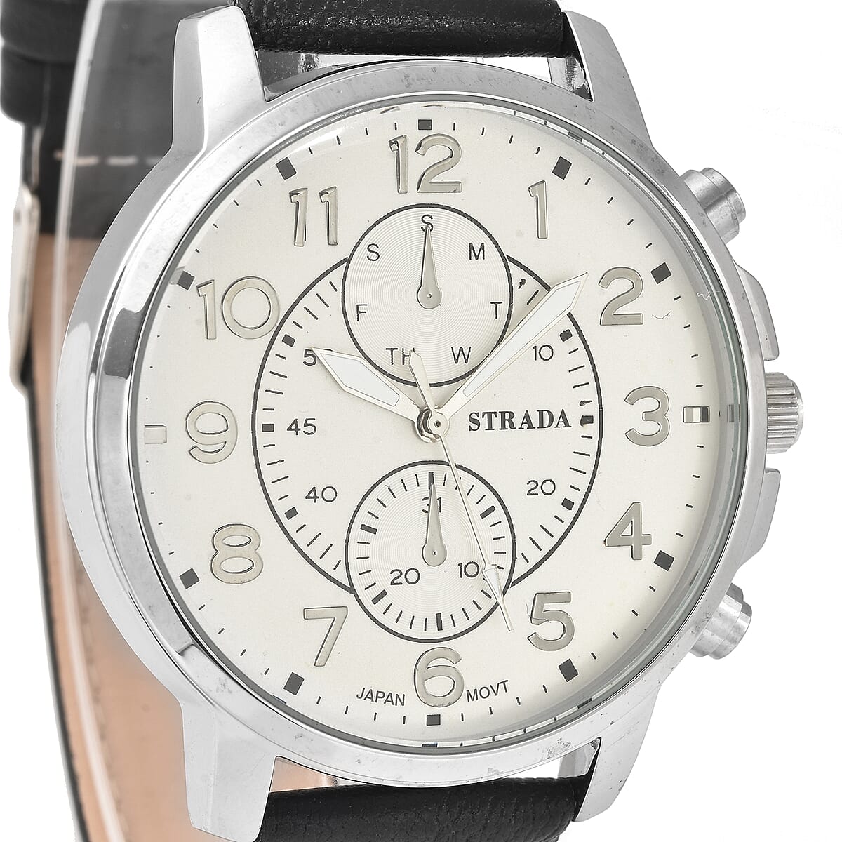 Strada Japanese Movement Multifunction Button Watch with Black Faux Leather Strap image number 3